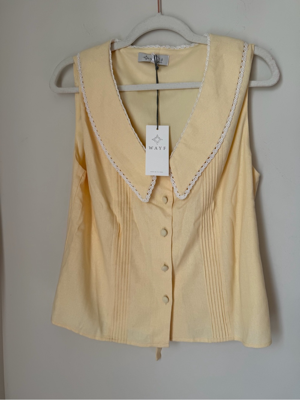 Light Yellow v-neck Button-Up vest Top with white Lace Trim
